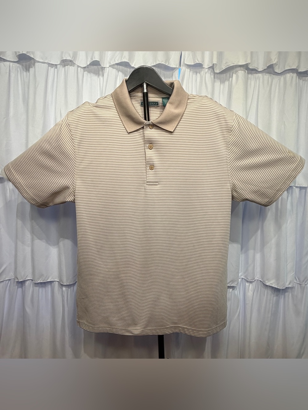 Cubavera Mens Tan Strip Pattern Short Sleeve Collard Polo Shirt Size Large - Picture 2 of 9